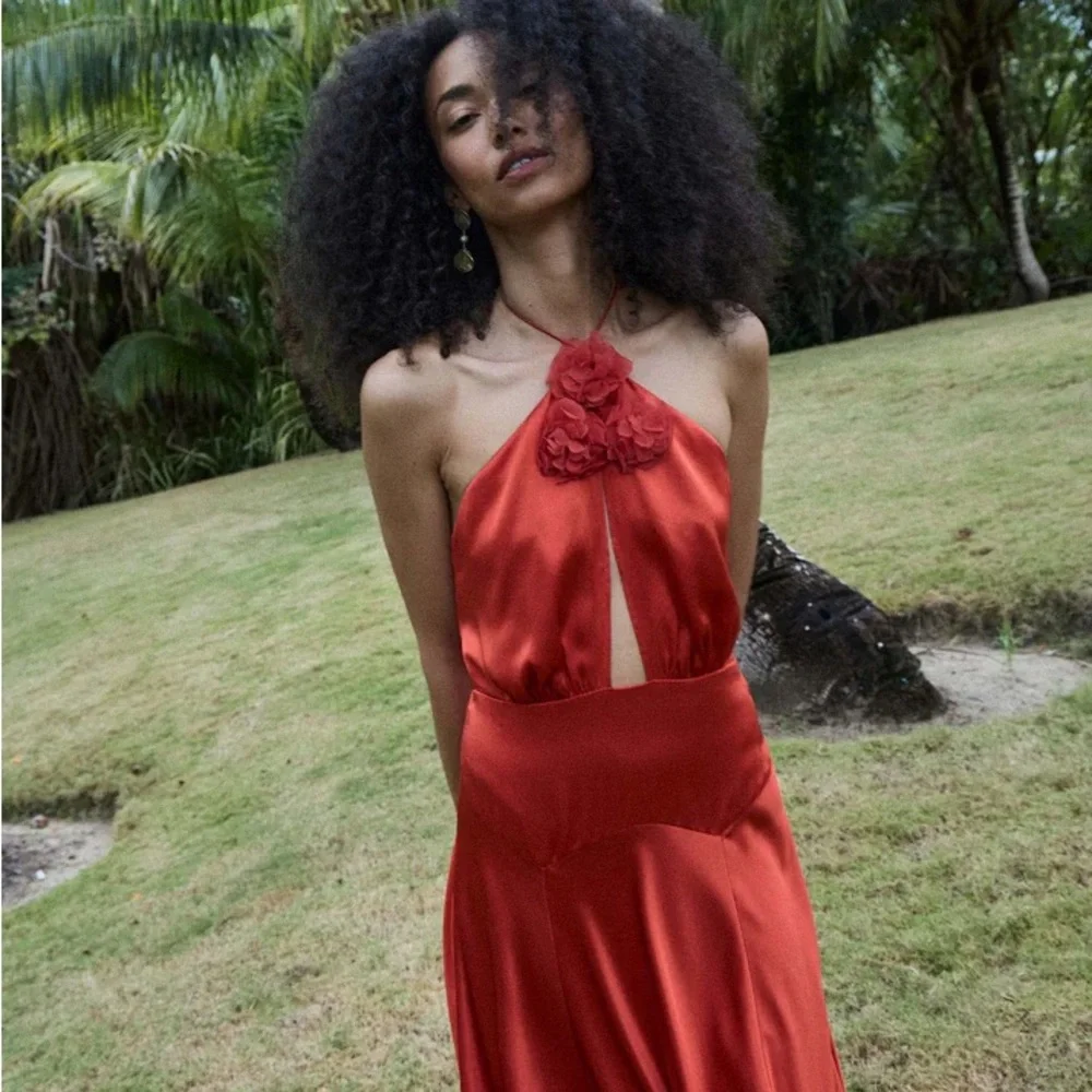 NWT Doen Lilaia Silk Rosette Rose Halter Maxi Dress Gown Fiery Coral Red - Picture 3 of 16